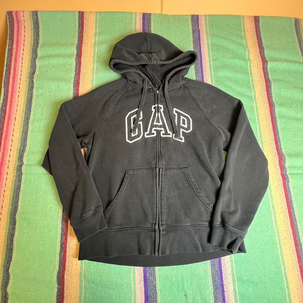 GAP Zip Up Hoodie Womens Small Black Arch Logo Fleece Raglan Sweatshirt
